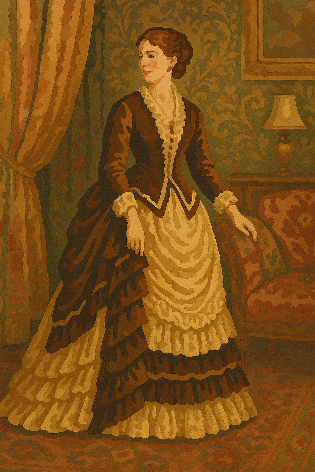 Elizabeth Knows: Bustle Gown by Lamplight — 1880s Victorian Fashion Coloring Page